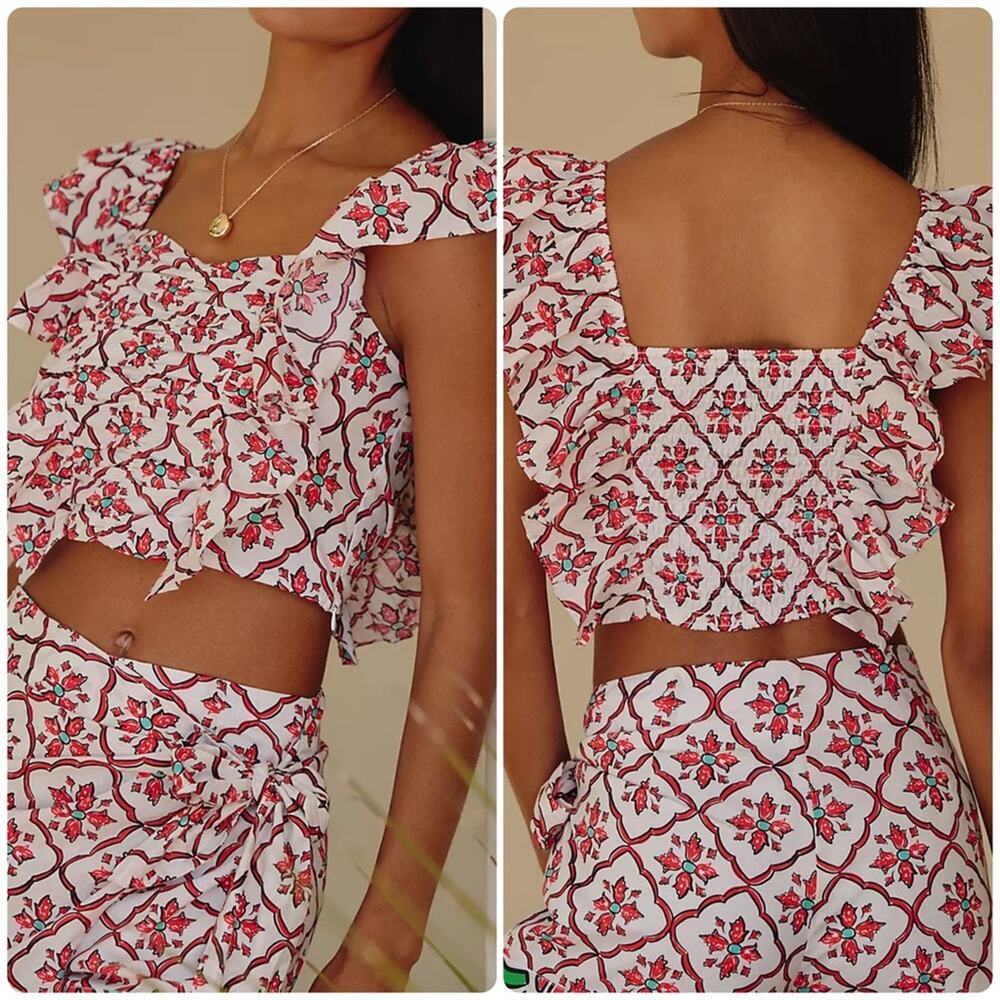 Ro's Garden Caracas Cotton Flutter-Sleeve Square-Neck Blouse Red Pompeii
